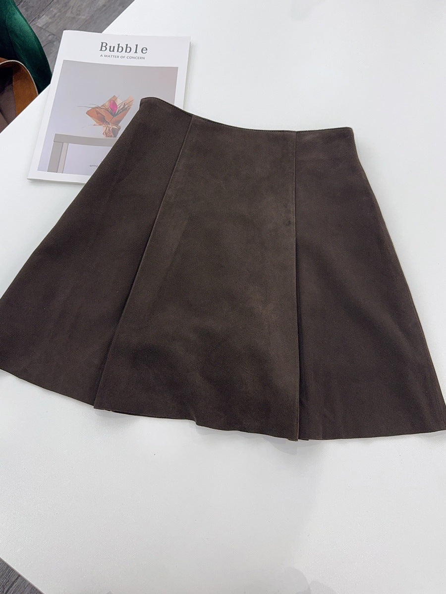 High-Waisted Suede Skirt with Gold Button Detail