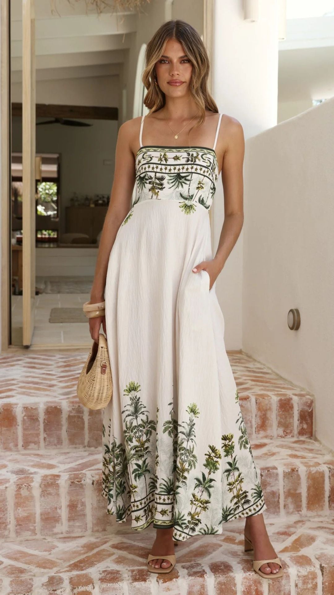 Tropical Palm Print Spaghetti-Strap Empire-Waist Maxi Beach Dress