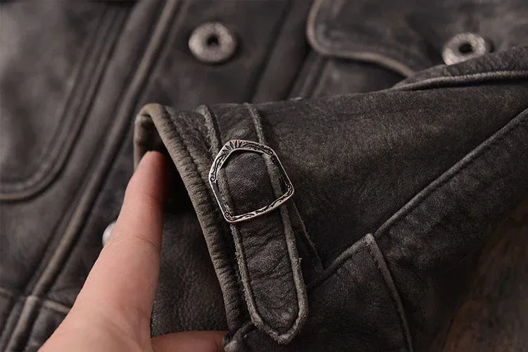 Men Distressed Cowhide Leather Trucker Jacket