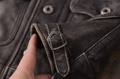 Men Distressed Cowhide Leather Trucker Jacket