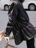 Women’s Leather Moto Trench Coat with Waist Cinch and Buckle Collar