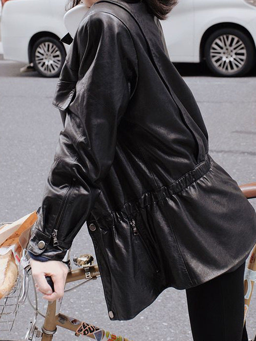 Women’s Leather Moto Trench Coat with Waist Cinch and Buckle Collar