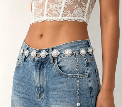 Waist Chain Jewelry with Faux Pearl Rhinestone Detail