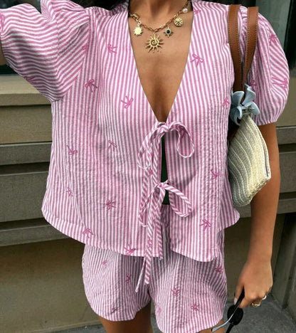 Striped Bow Embroidery Summer Two-Piece Set