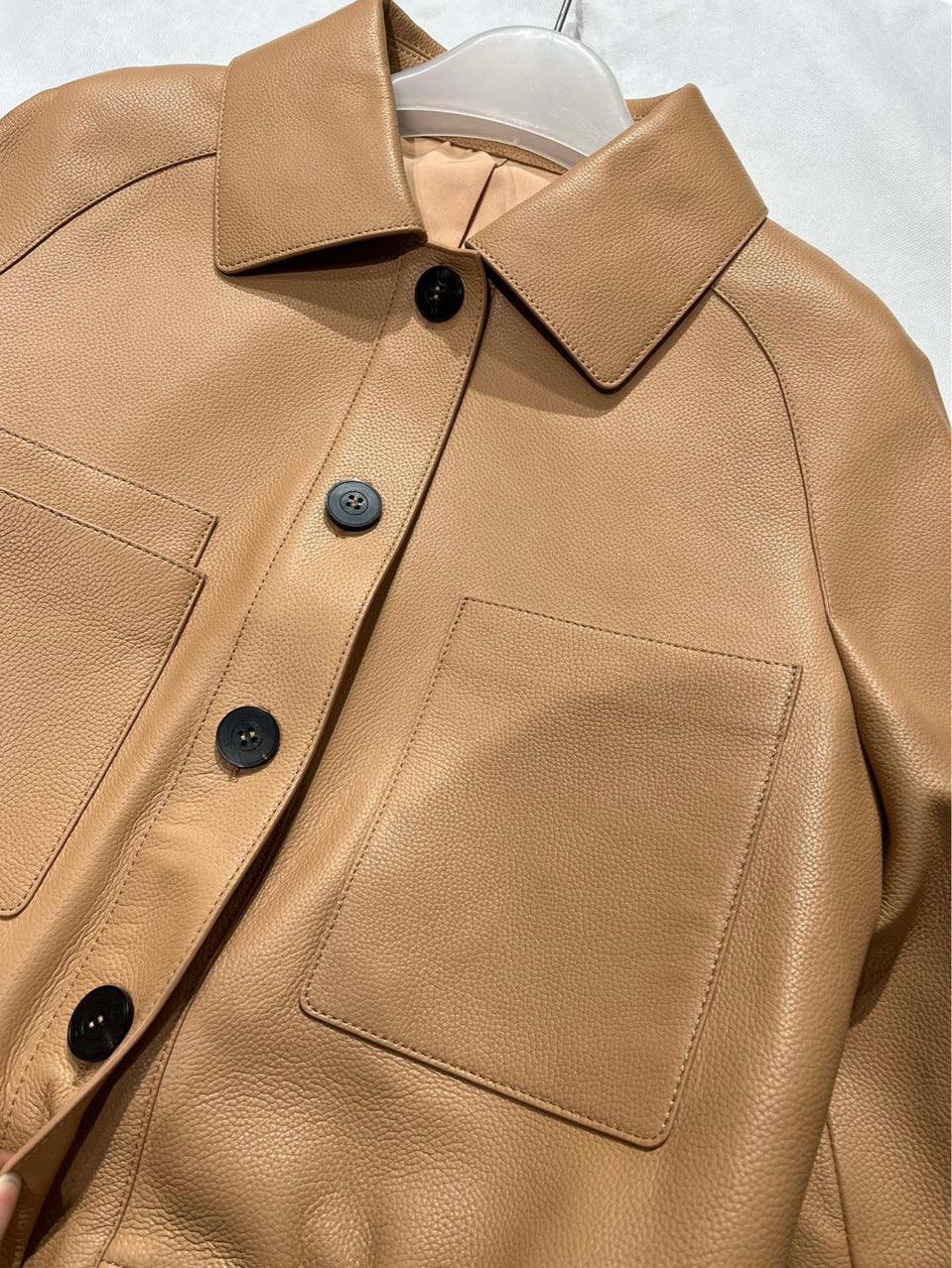 Women Genuine Cropped Leather Bomber Jacket