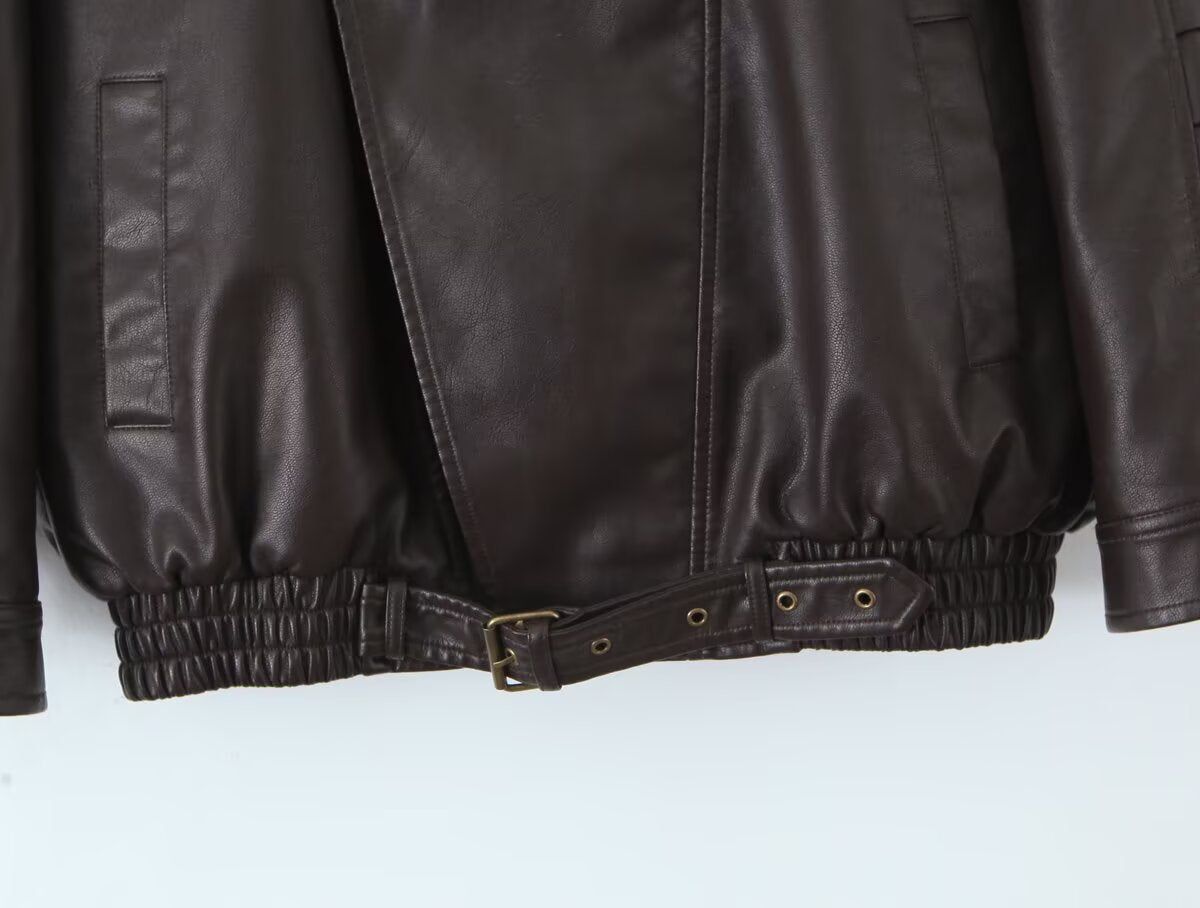 Oversized Brown PU Leather Biker Jacket Double Collar Motorcycle