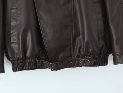 Oversized Brown PU Leather Biker Jacket Double Collar Motorcycle