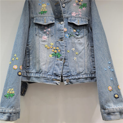 Women’s Embroidered Floral Sequin Denim Jacket Short Fit