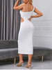 White cutout midi dress with ruched bust detail