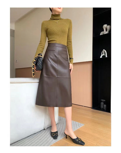 High waisted genuine leather midi skirt