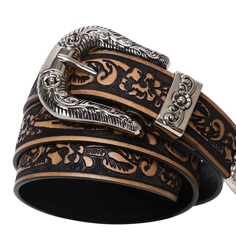 Embossed rose punk leather belt for women