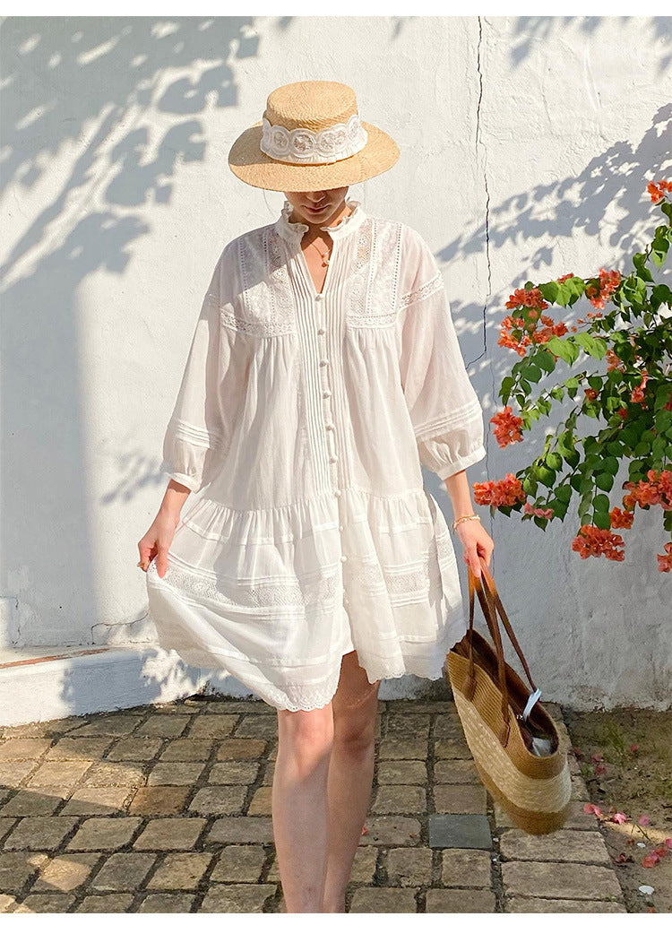 women summer dress white lace loose fit