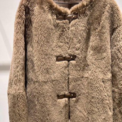 Women Leather Real Fur Coat Short Shearling Round Neck Jacket