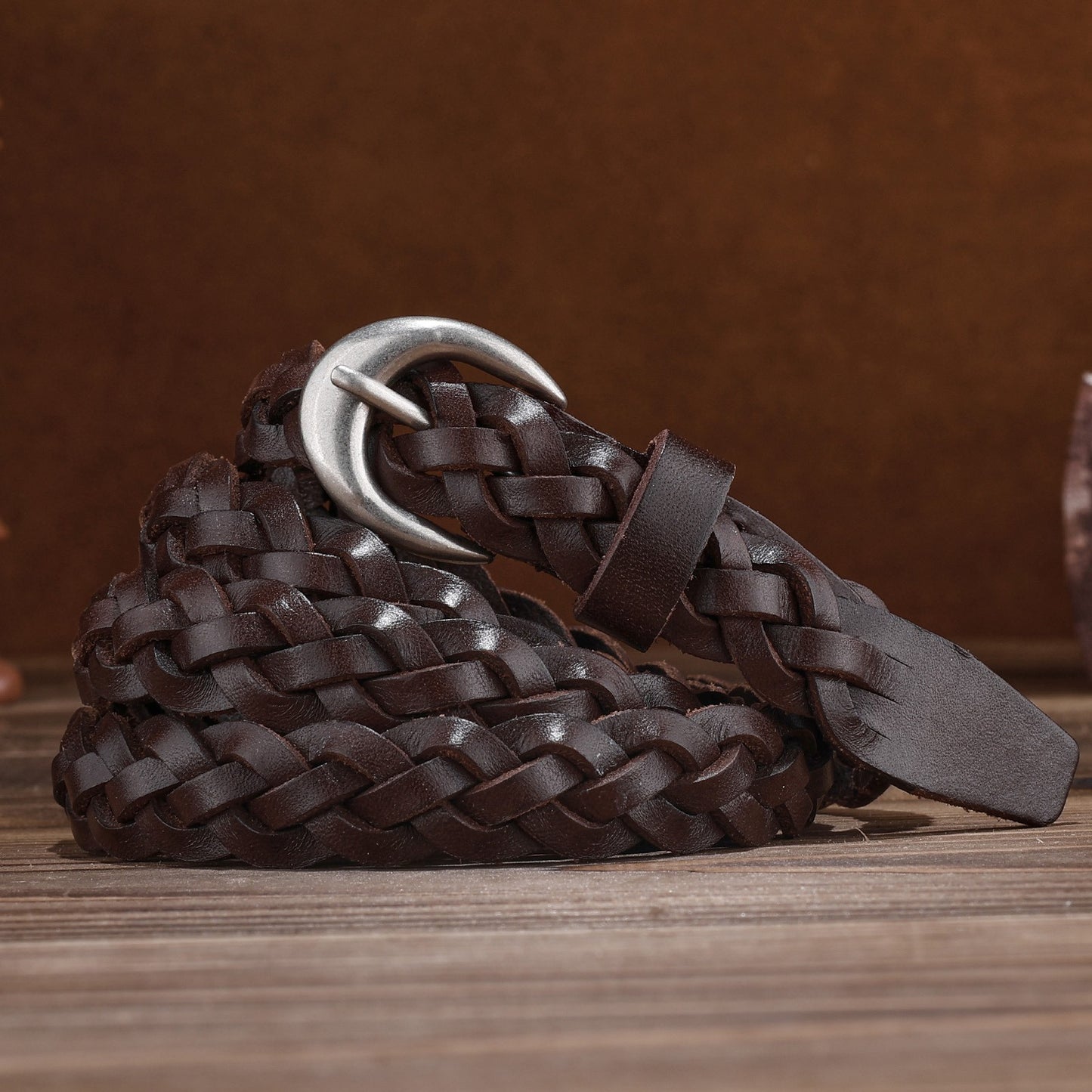 Braided genuine leather belt with silver buckle