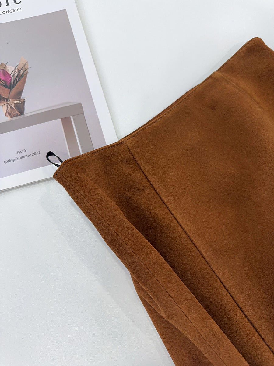 High-Waisted Suede Skirt with Gold Button Detail