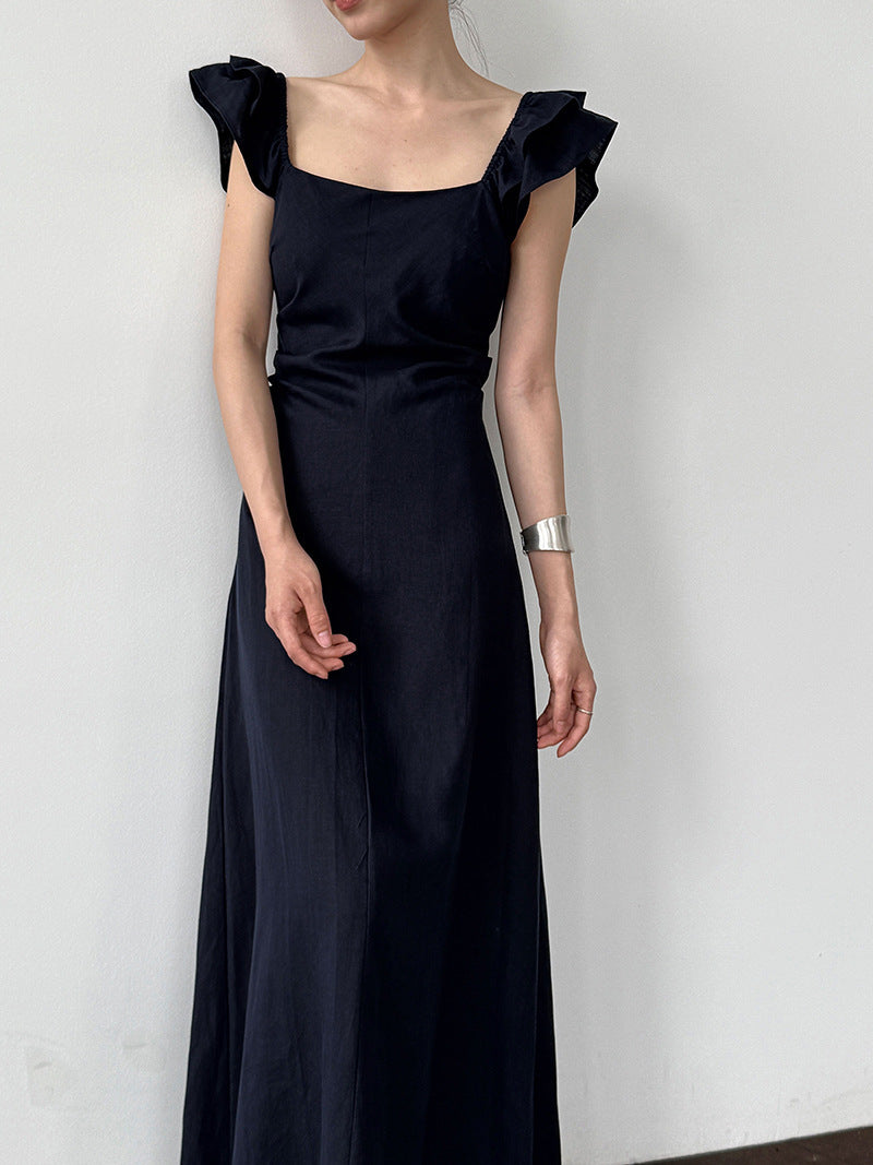 White flutter sleeve linen maxi dress with open back waist fit 3
