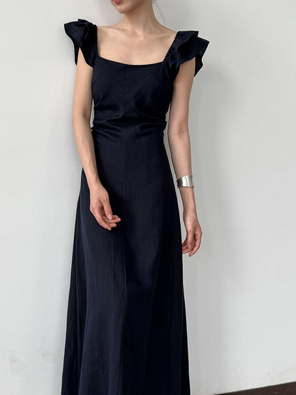 White flutter sleeve linen maxi dress with open back waist fit 3