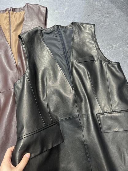 Women Oil-Waxed Genuine Leather V-Neck Vest Dress