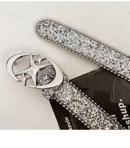 Glitter Belt Faux Leather With Star Buckle