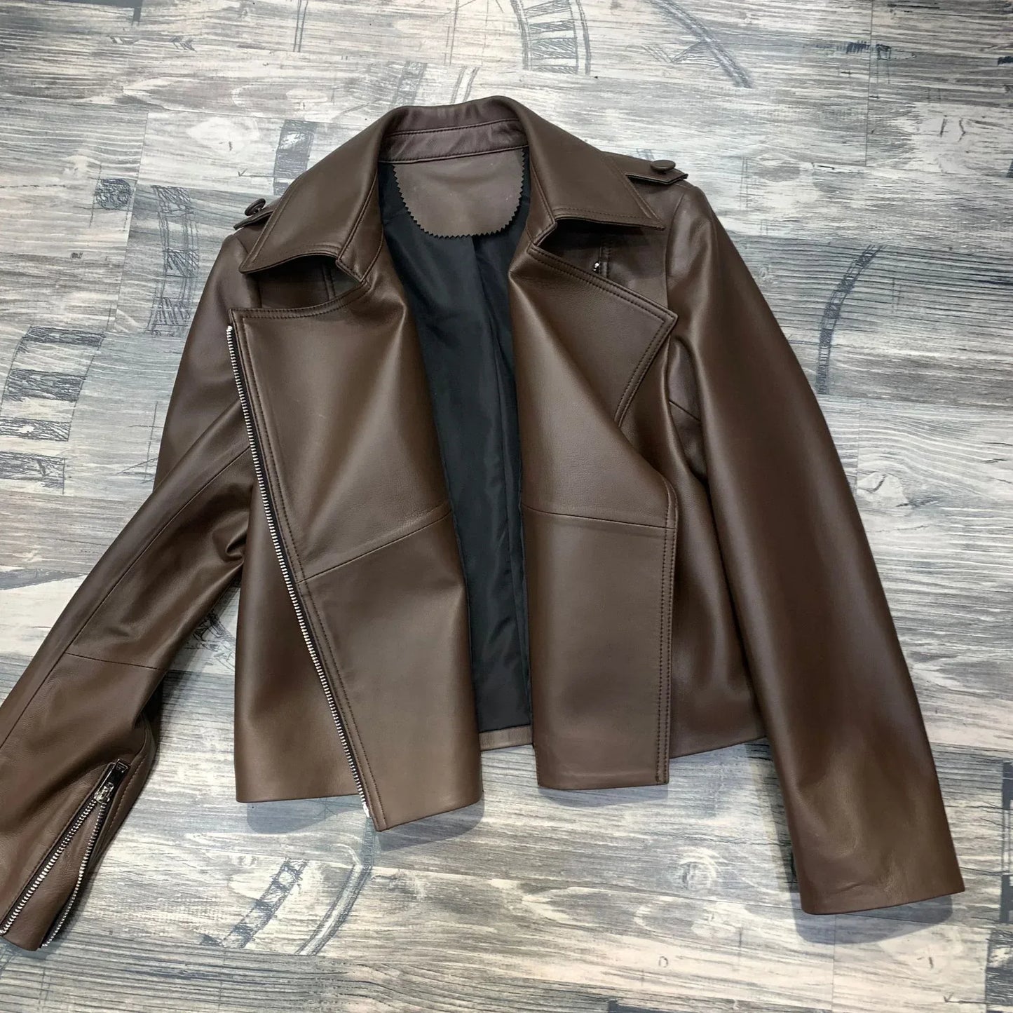 Women Genuine Sheepskin Leather Slim Moto Jacket
