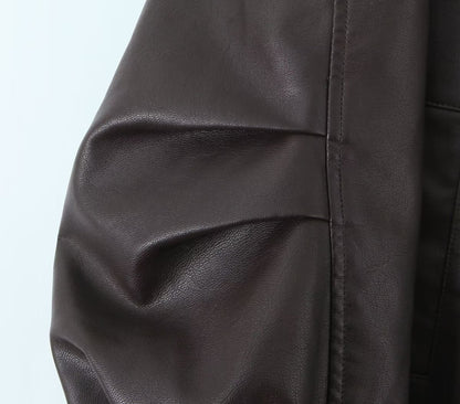 Oversized Brown PU Leather Biker Jacket Double Collar Motorcycle