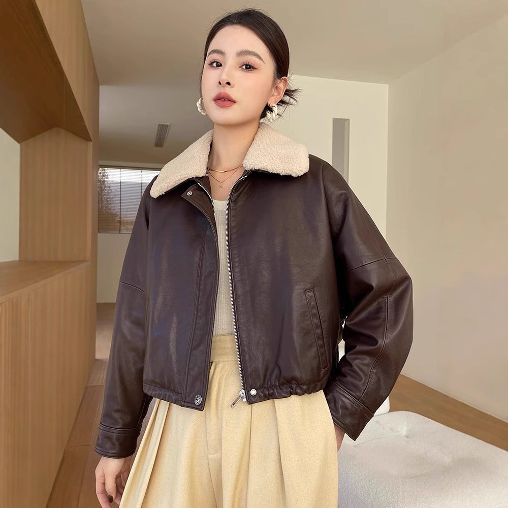 Women shearling collar leather flight jacket
