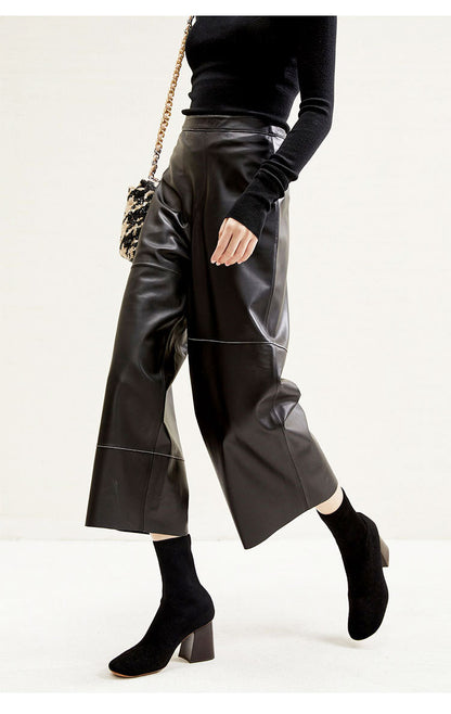 High Rise Leather Elephant Style Pants Straight Leg Midi Culotte