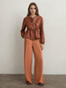 Brown Faux Leather Bomber Jacket for Women with Drawstring Waist