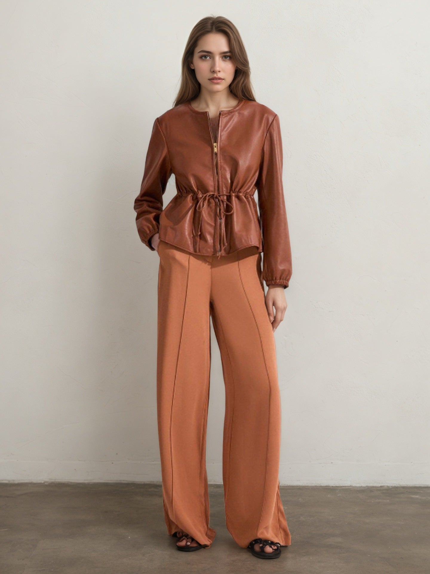 Brown Faux Leather Bomber Jacket for Women with Drawstring Waist