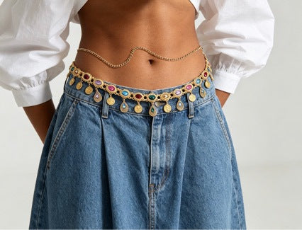 Gold Waist Chain with Multicolor Inlays and Coin Tassels