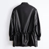 Women’s Leather Moto Trench Coat with Waist Cinch and Buckle Collar