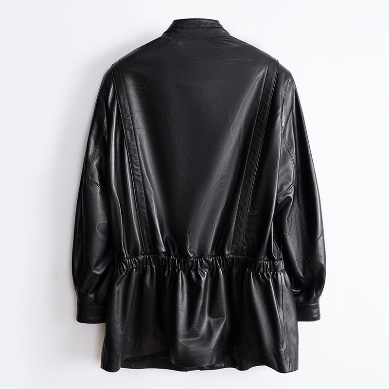 Women’s Leather Moto Trench Coat with Waist Cinch and Buckle Collar