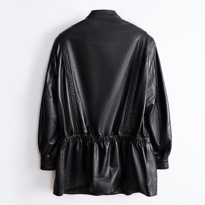 Women’s Leather Moto Trench Coat with Waist Cinch and Buckle Collar