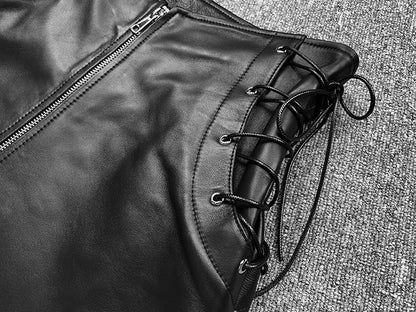 Leather Mini Skirt  High Waist  Front Lace-Up