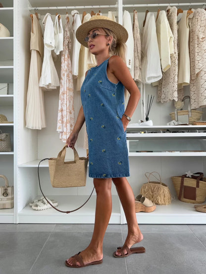 Sleeveless Denim Dress with Floral Embroidery