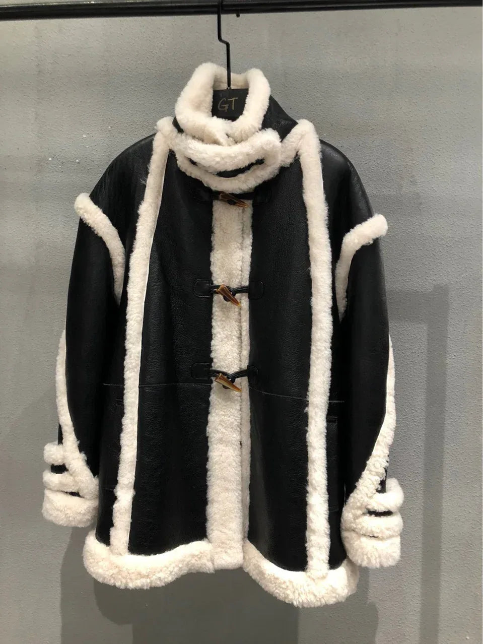 Shearling Leather Bomber Jacket With Fur Collar