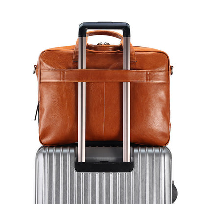 Men Leather Briefcase Office Bag with Trolley Sleeve