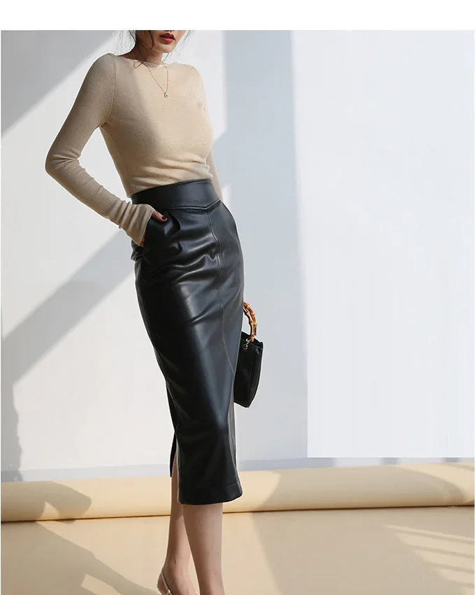 Brown sheepskin mid length bodycon leather skirt with slit