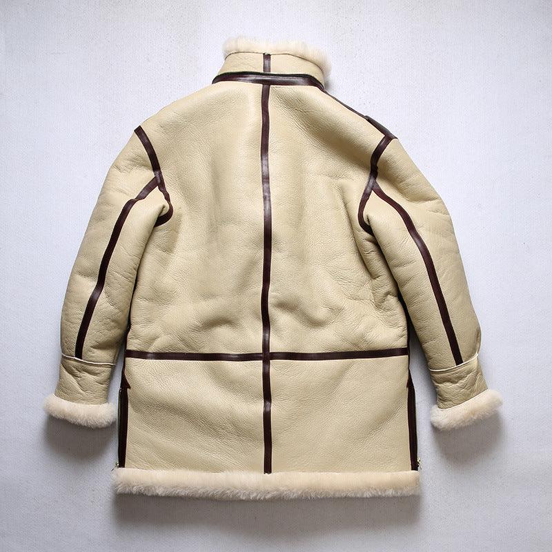 Men Real Sheepskin Shearling Flight Long Jacket Aviator