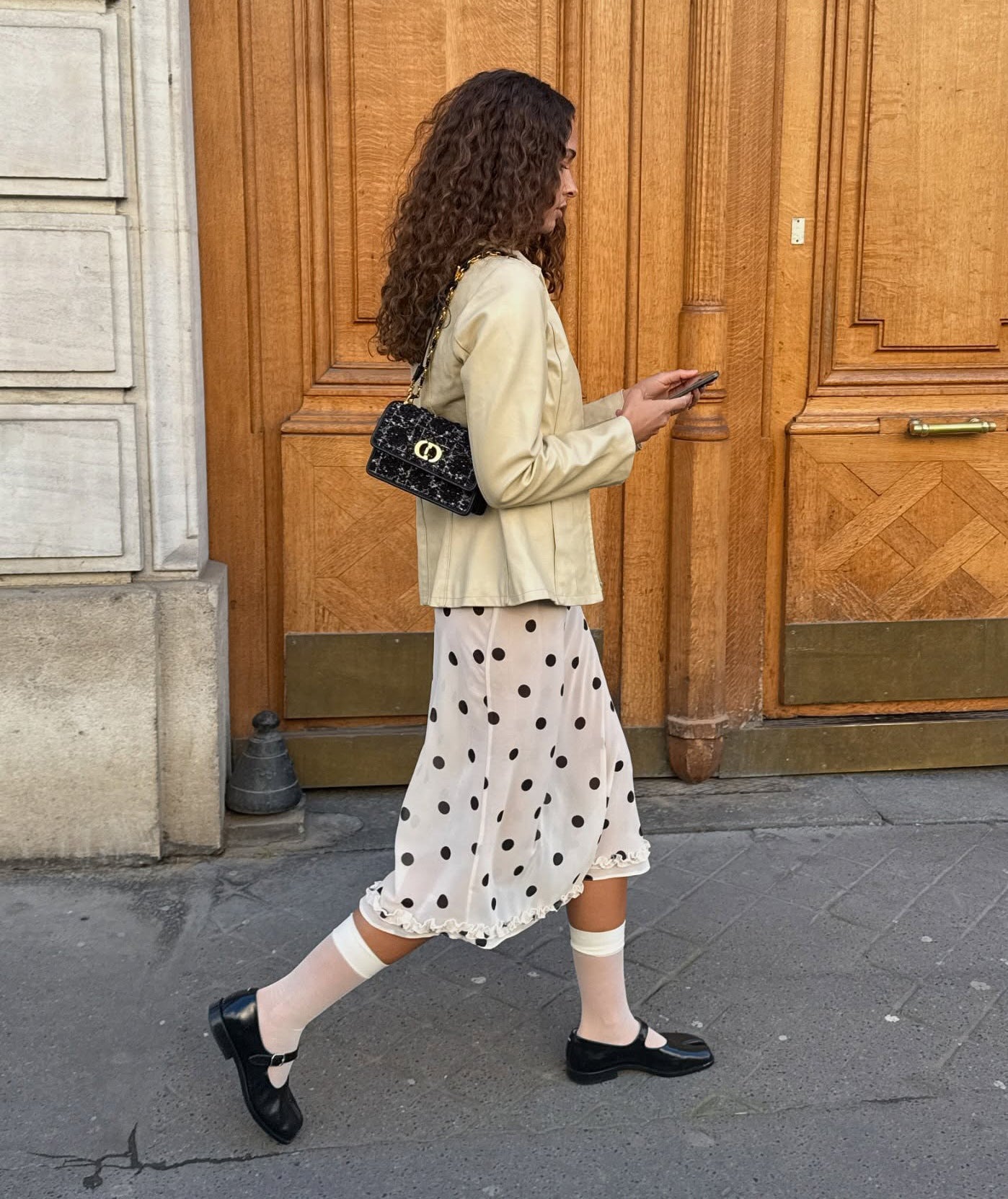 Women Polka Dot Satin Midi Skirt High Waist French Acetate Drape