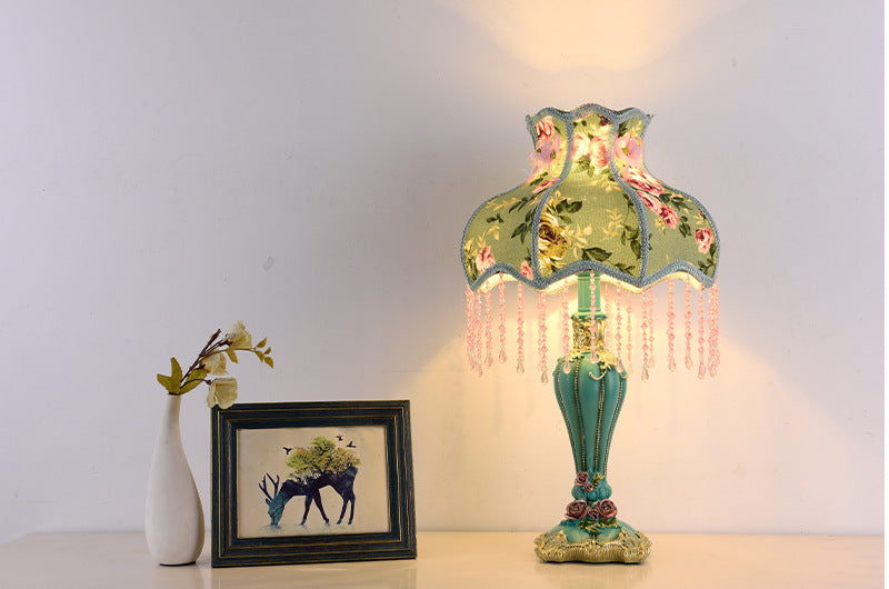 Floral victorian green fabric beaded table lamp