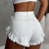Women white denim shorts with lace up sides