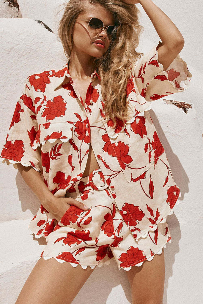Red floral two piece beach vacation outfit