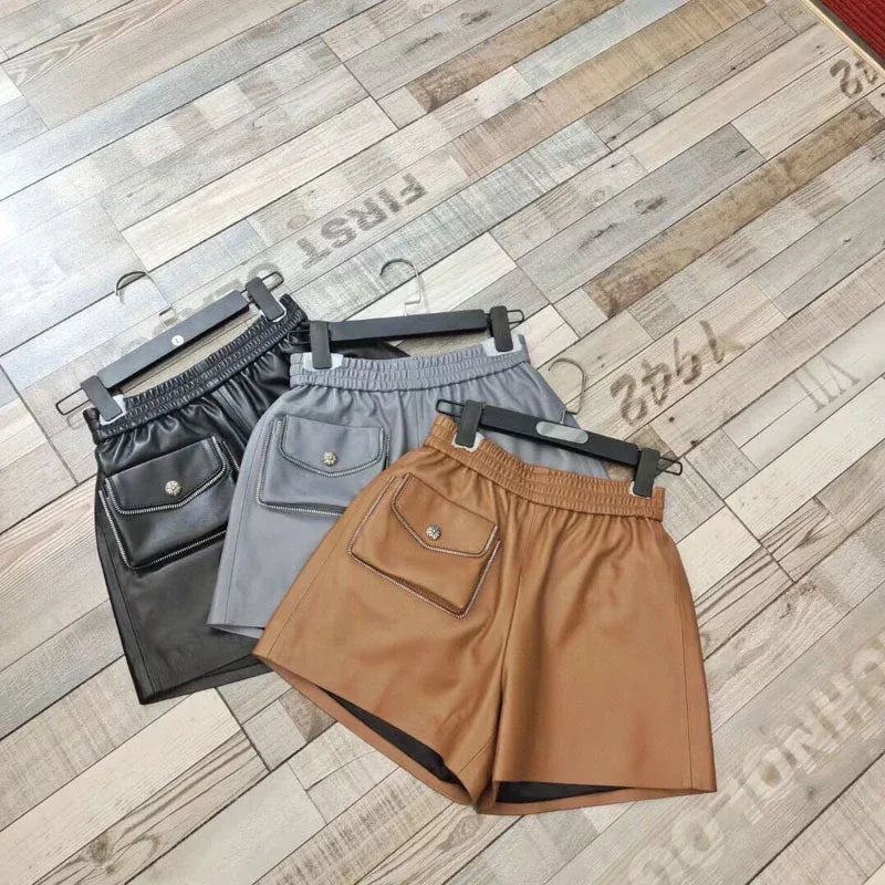 Genuine leather high waisted women shorts