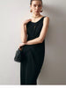 black sleeveless pleated cotton midi dress