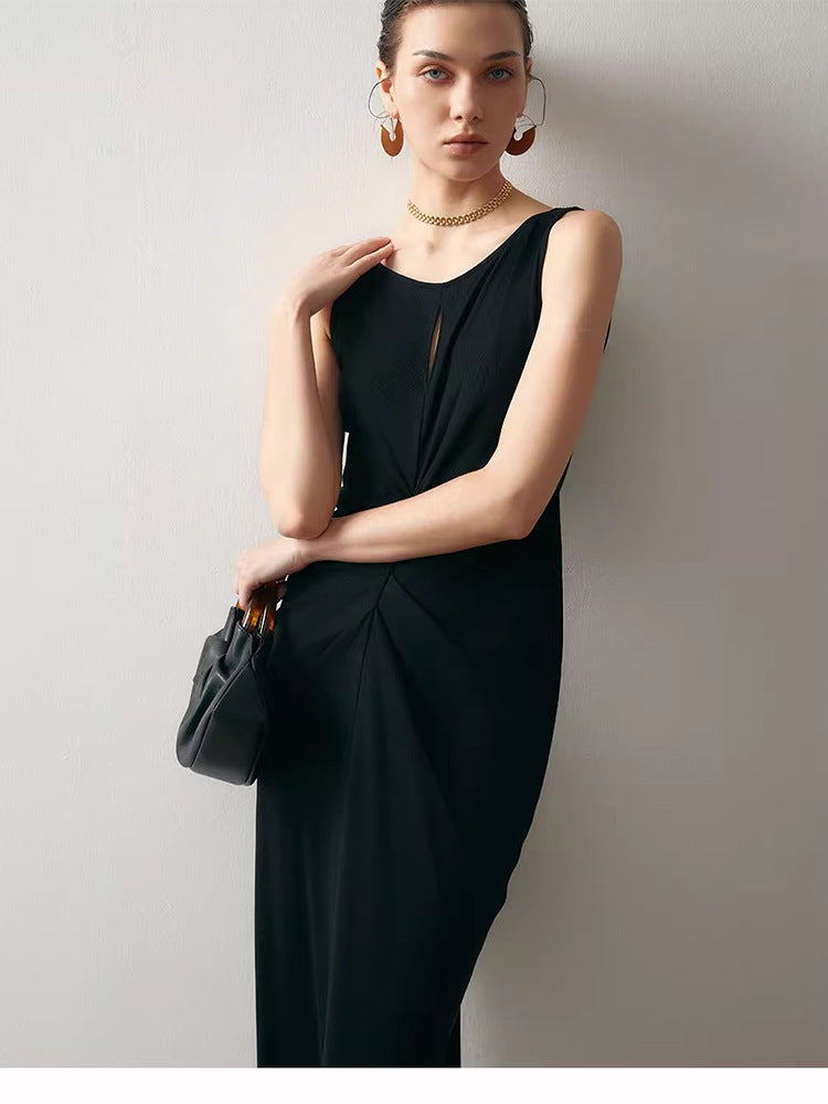 black sleeveless pleated cotton midi dress
