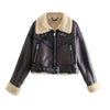 Women Faux Leather Shearling Jacket Maillard Style Short Biker Coat