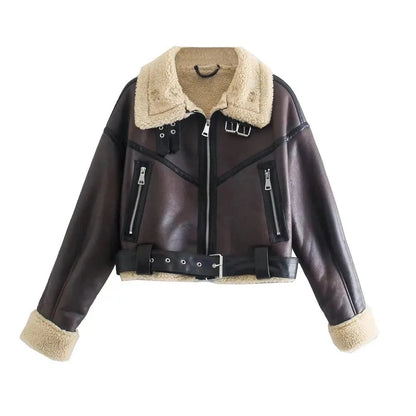 Women Faux Leather Shearling Jacket Maillard Style Short Biker Coat