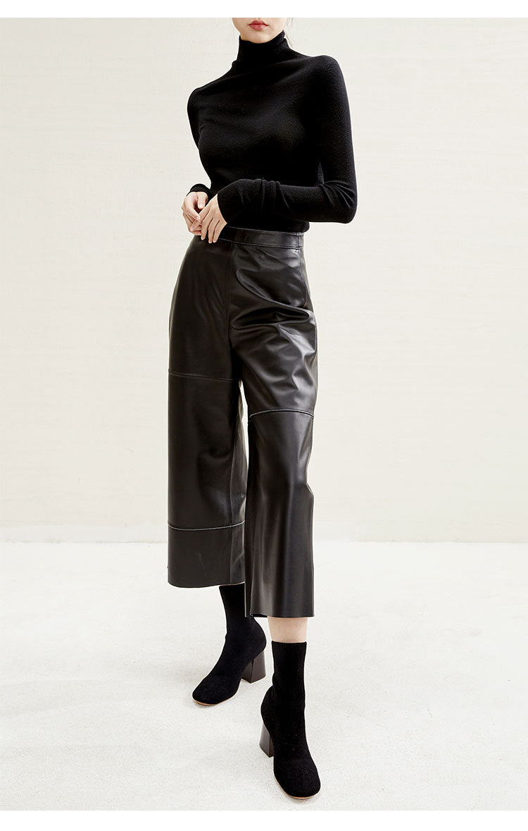 Irregular Cut Leather Wide Leg Pants for Women Cropped Straight Fit