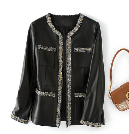 Women’s Leather Jacket with Chain Trim and Tweed Edge